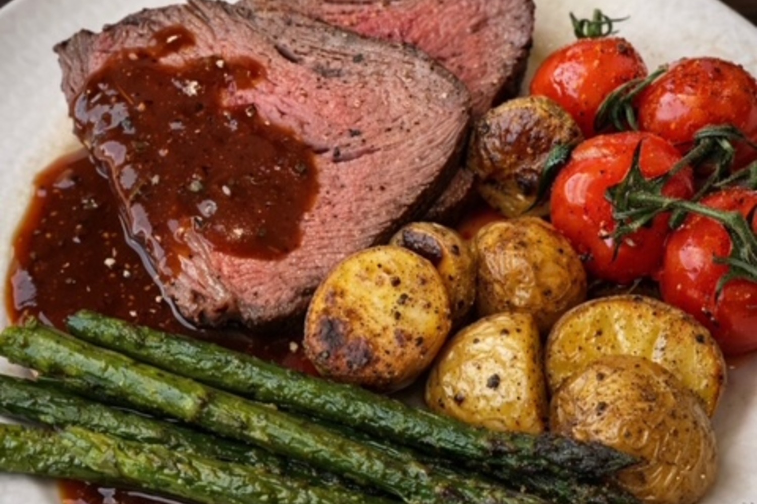 Johans Picanha med rostad potatis, tomater, sparris och rödvinssås Johans Picanha med rostad potatis, tomater, sparris och rödvinssås